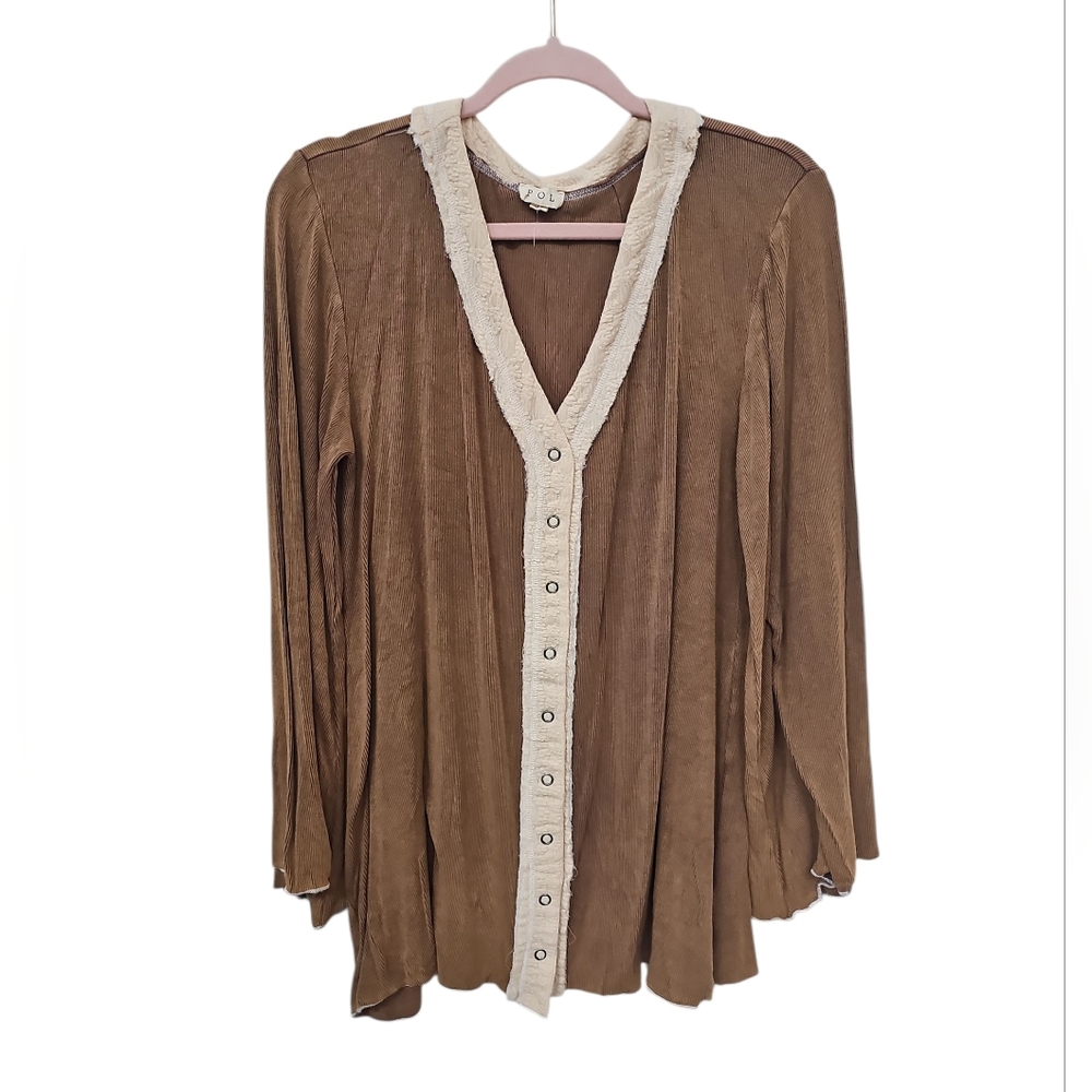POL Brown Long Sleeve Button-Front Top with Cream Trim